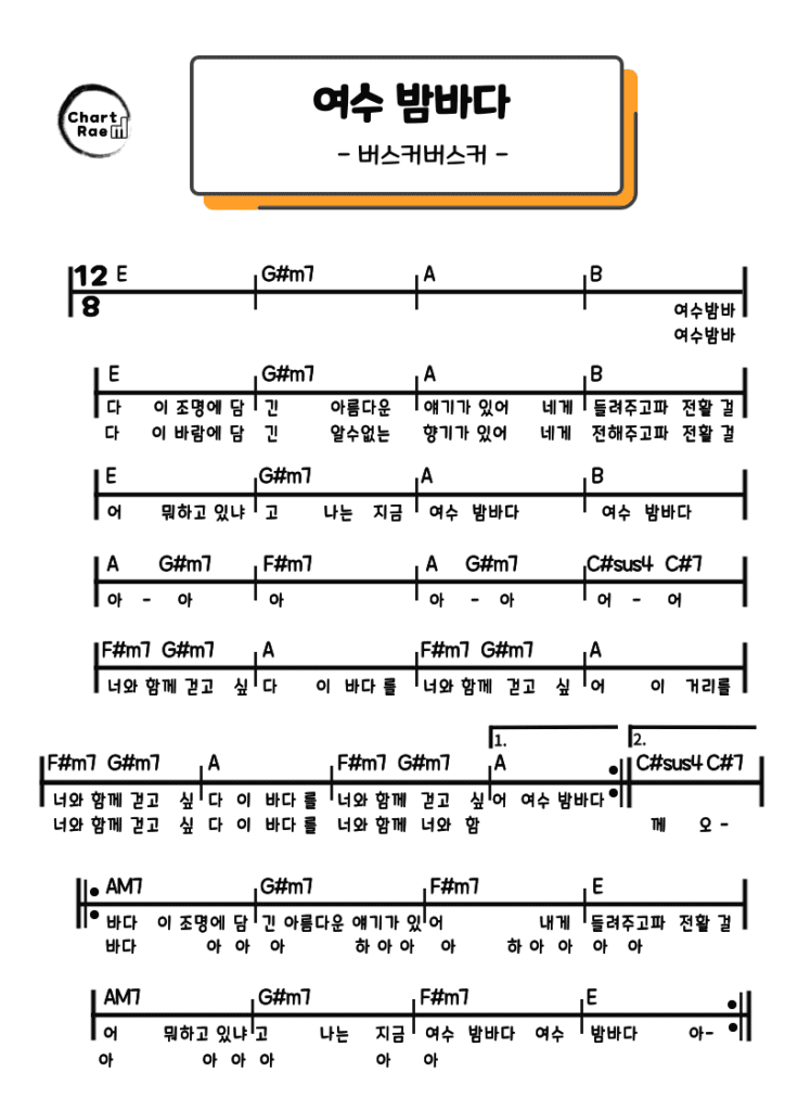 여수 밤바다 - 버스커버스커 코드악보/기타악보